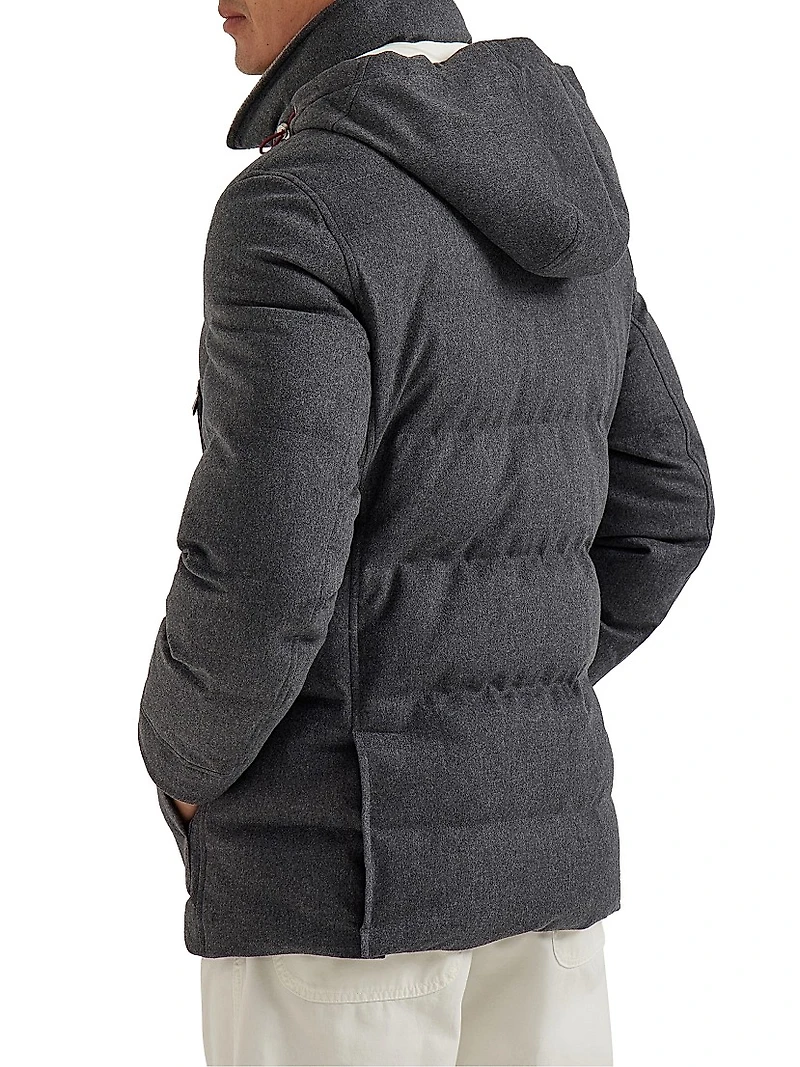 Bonded Wool Flannel Down Jacket with Detachable Hood