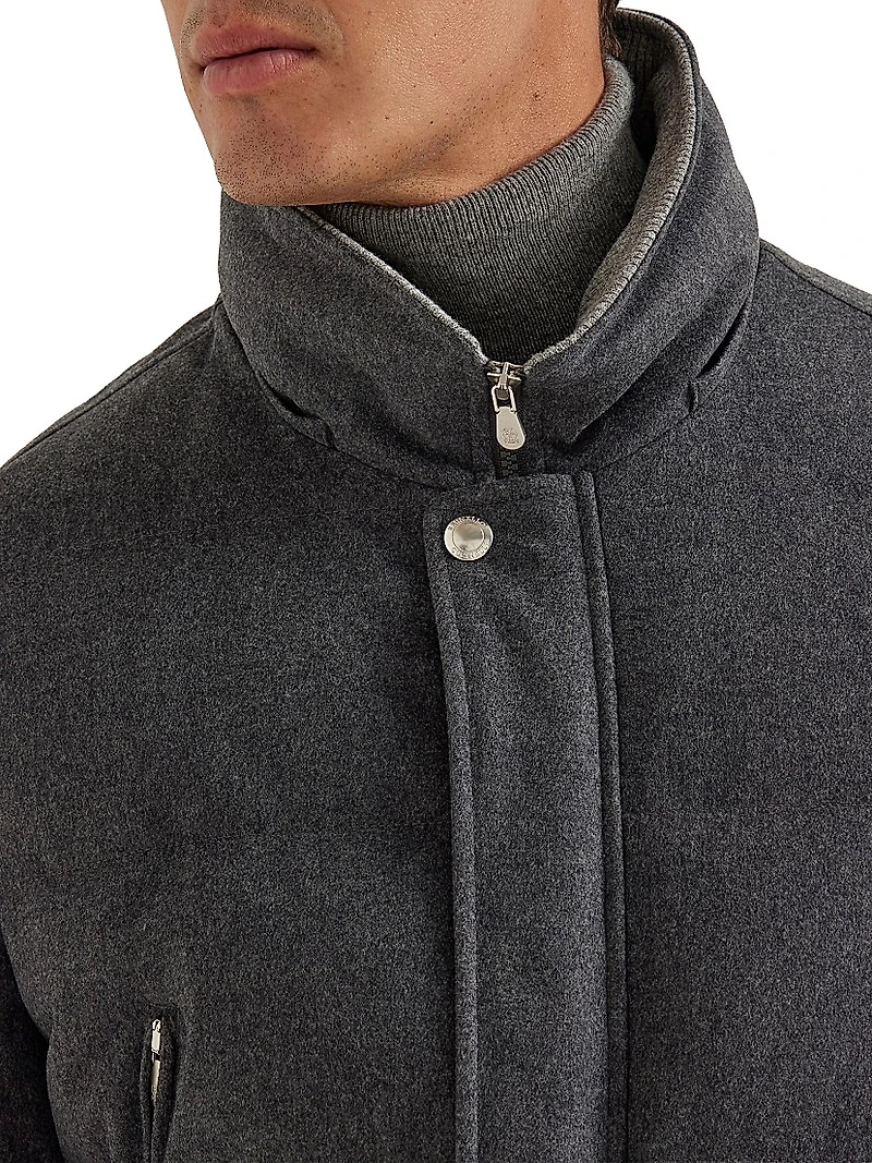 Bonded Wool Flannel Down Jacket with Detachable Hood