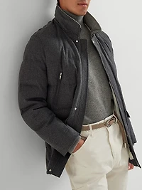 Bonded Wool Flannel Down Jacket with Detachable Hood