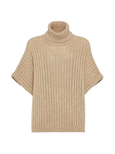 Cashmere Feather Yarn Wide Rib Poncho Style Sweater