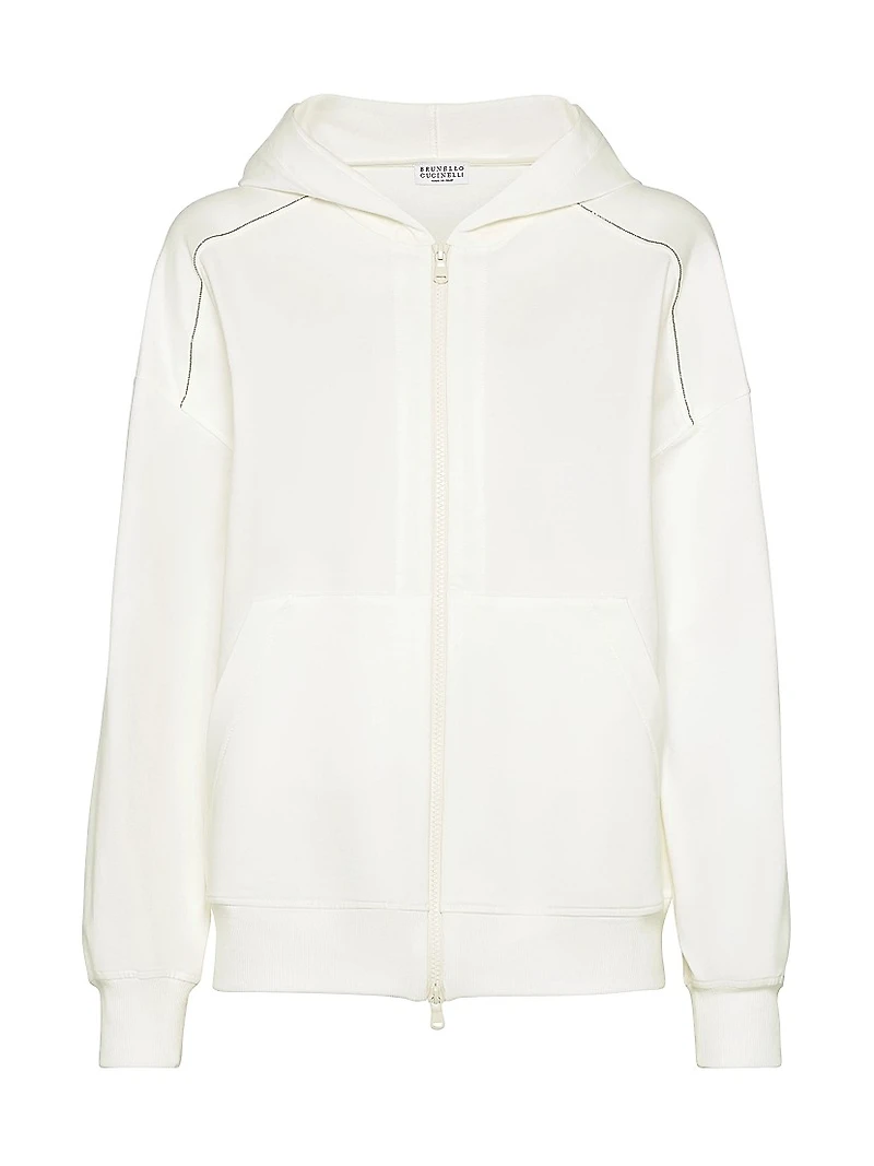 Stretch Cotton Lightweight French Terry Hooded Sweatshirt with Zipper and Shiny Trims