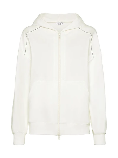 Stretch Cotton Lightweight French Terry Hooded Sweatshirt with Zipper and Shiny Trims