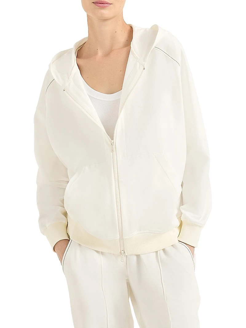 Stretch Cotton Lightweight French Terry Hooded Sweatshirt with Zipper and Shiny Trims