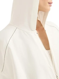 Stretch Cotton Lightweight French Terry Hooded Sweatshirt with Zipper and Shiny Trims