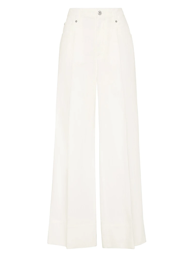 Garment Dyed Cotton and Linen Cover Loose Trousers with Monili