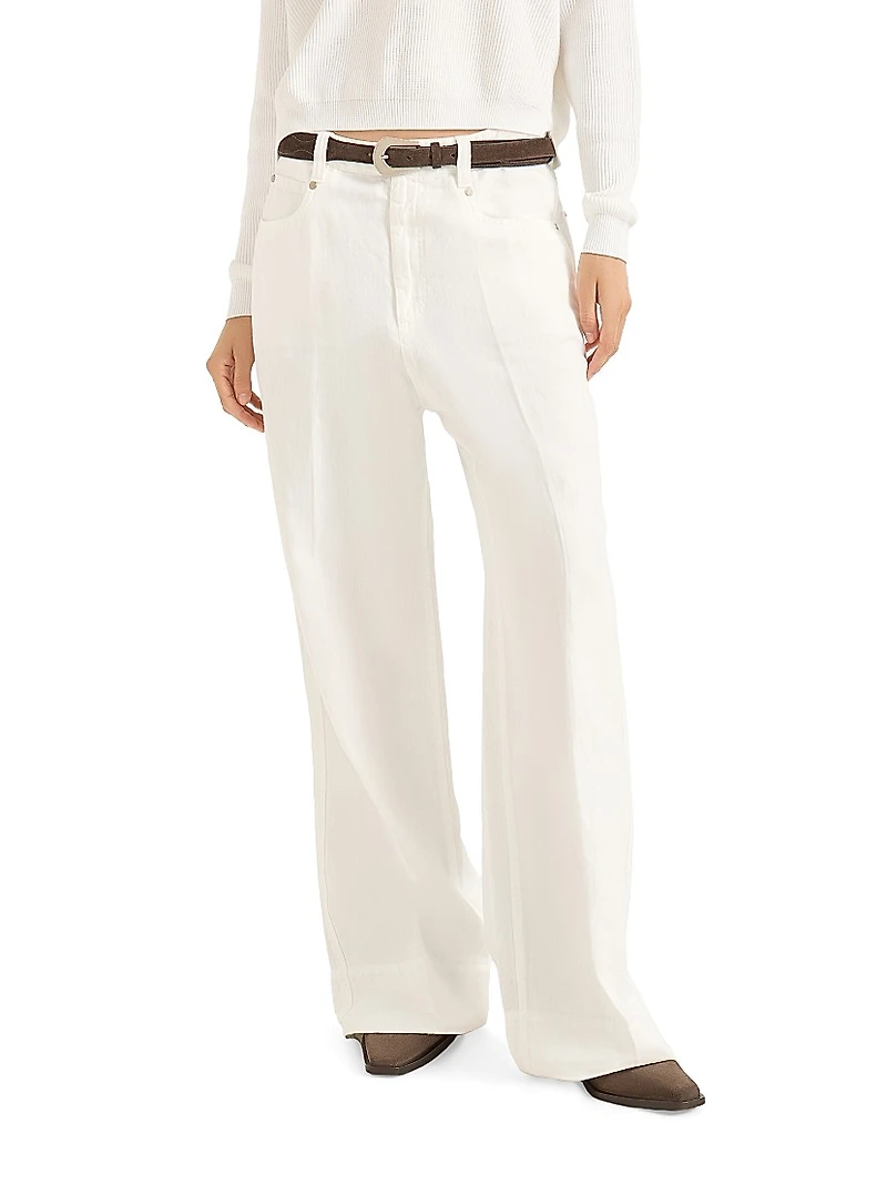 Garment Dyed Cotton and Linen Cover Loose Trousers with Monili