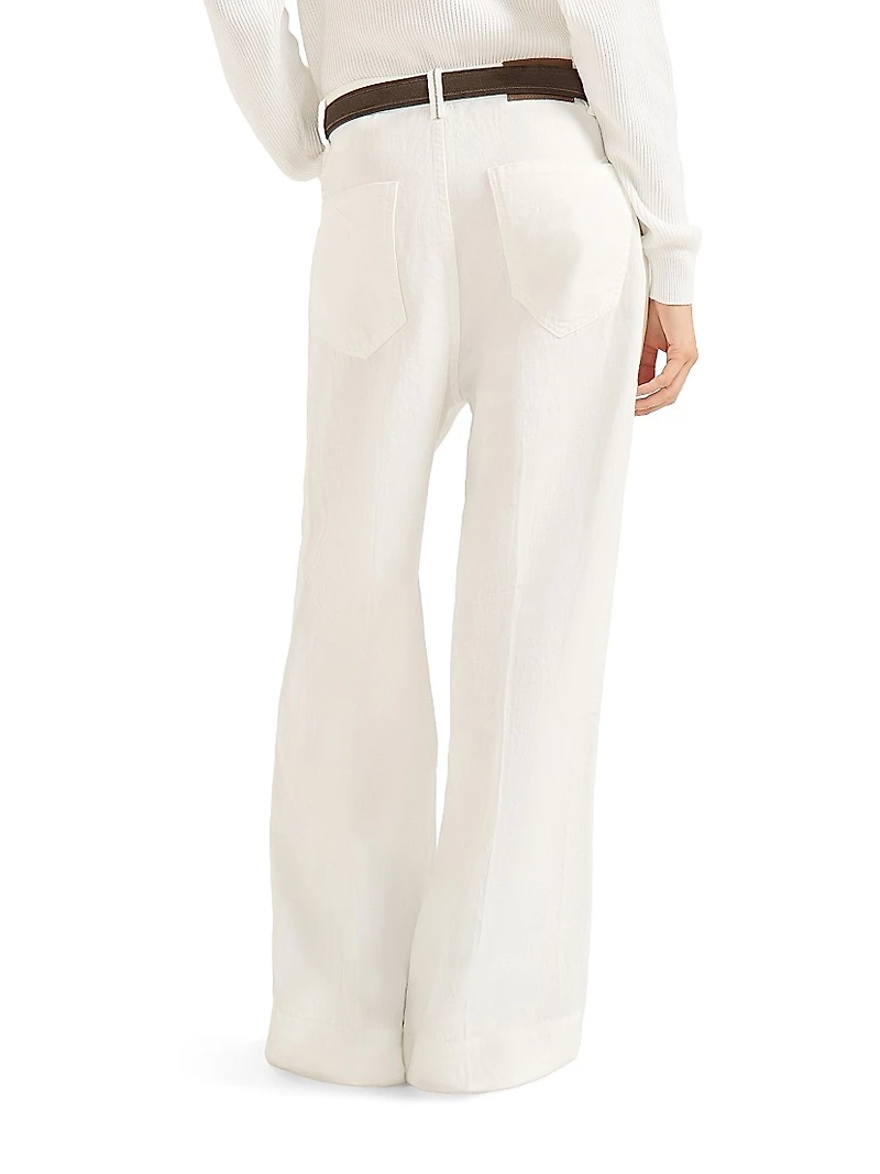 Garment Dyed Cotton and Linen Cover Loose Trousers with Monili