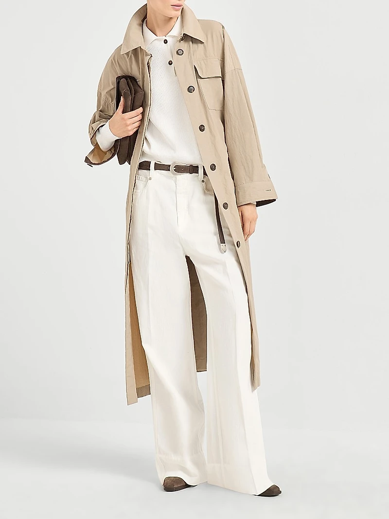 Garment Dyed Cotton and Linen Cover Loose Trousers with Monili