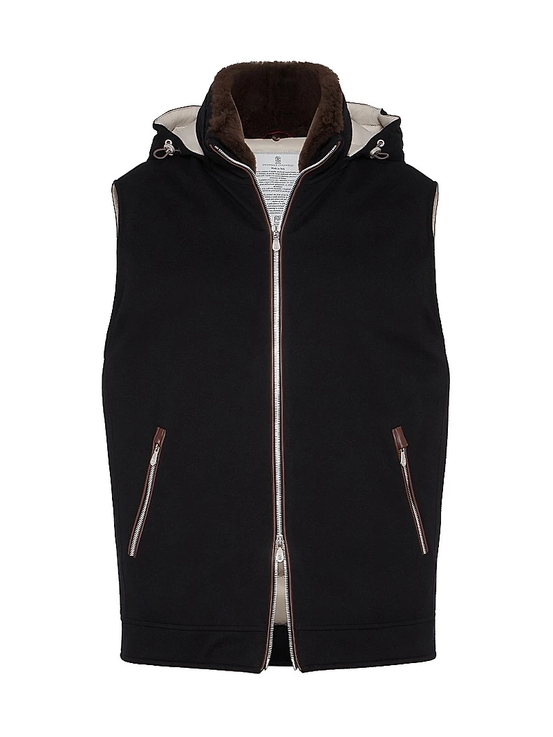 Bonded Wool Flannel Hooded Down Vest with Detachable Shearling Insert