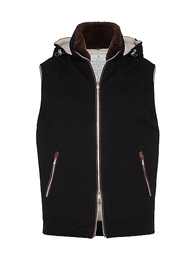 Bonded Wool Flannel Hooded Down Vest with Detachable Shearling Insert