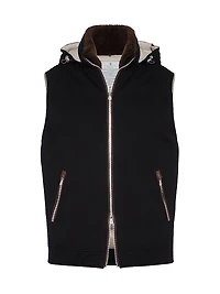 Bonded Wool Flannel Hooded Down Vest with Detachable Shearling Insert