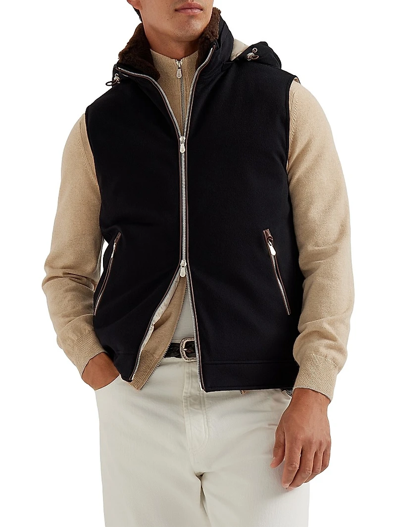 Bonded Wool Flannel Hooded Down Vest with Detachable Shearling Insert