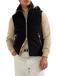 Bonded Wool Flannel Hooded Down Vest with Detachable Shearling Insert
