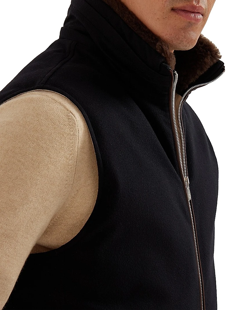 Bonded Wool Flannel Hooded Down Vest with Detachable Shearling Insert