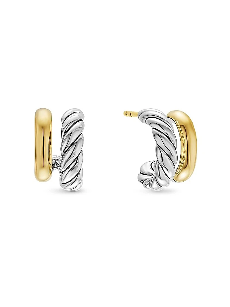 DY Mercer Double Hoop Huggie Earrings in Sterling Silver with 18K Yellow Gold, 13.5MM