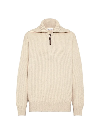 Cashmere English Rib Sweater with Shiny Zipper Pull