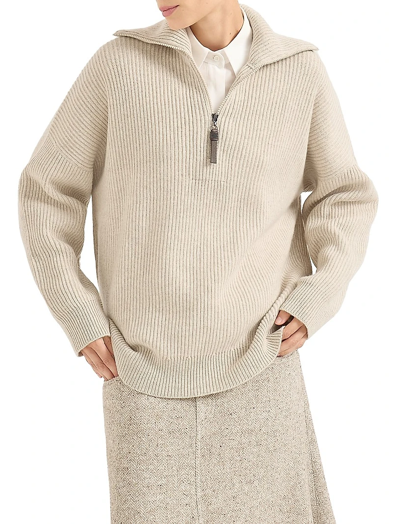 Cashmere English Rib Sweater with Shiny Zipper Pull