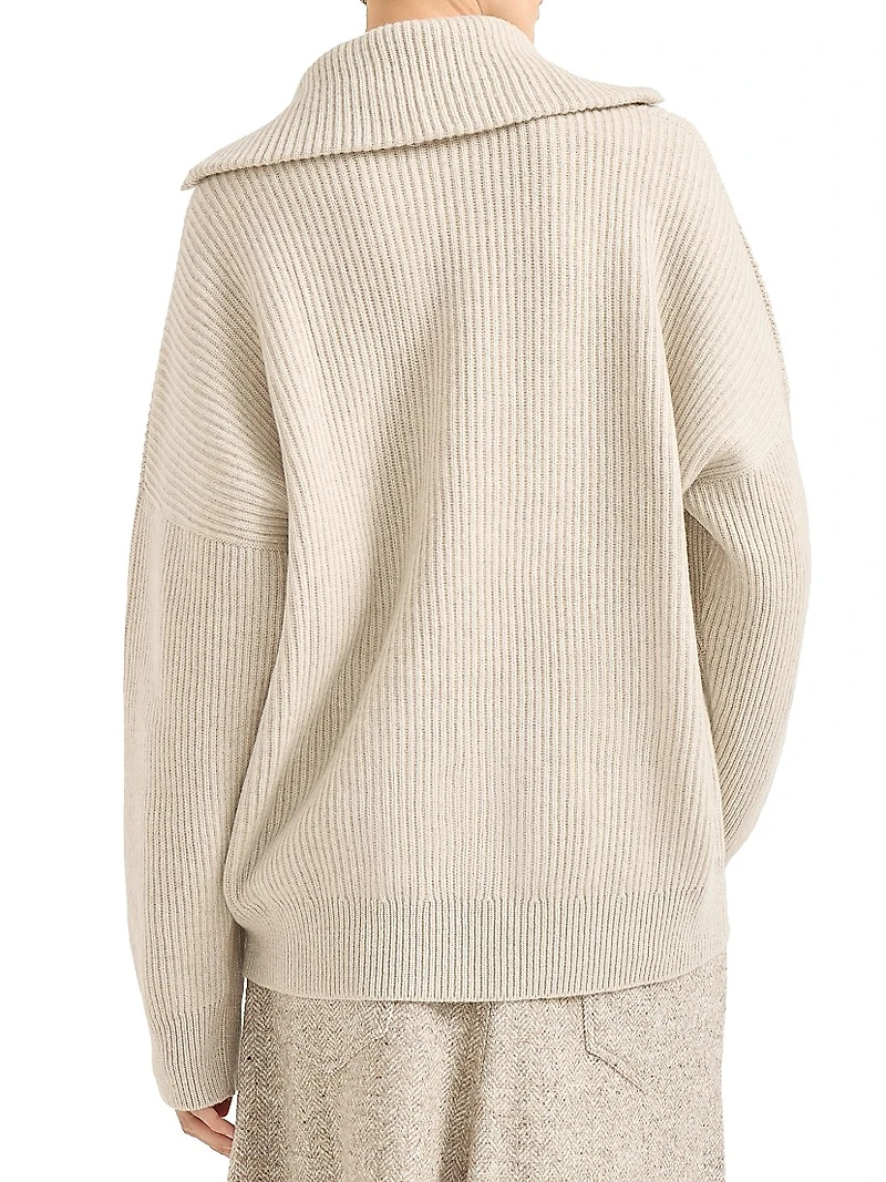 Cashmere English Rib Sweater with Shiny Zipper Pull