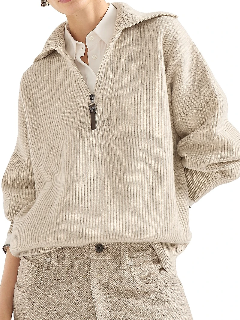 Cashmere English Rib Sweater with Shiny Zipper Pull