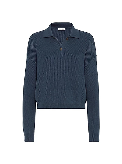 Cotton English Rib Knit Polo Shirt with Monili