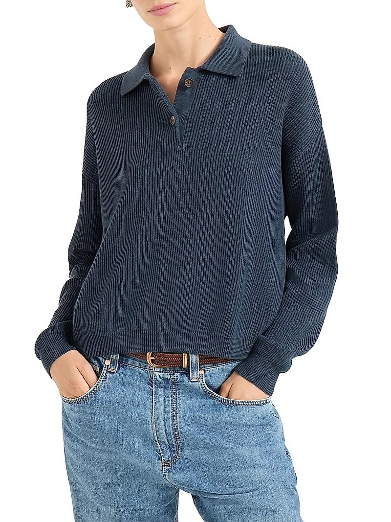 Cotton English Rib Knit Polo Shirt with Monili