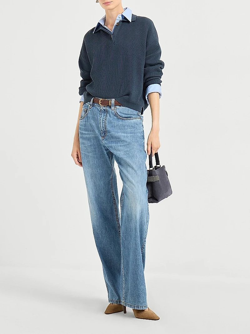 Cotton English Rib Knit Polo Shirt with Monili