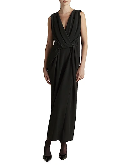 Cady V-Neck Draped Twist Belt Dress