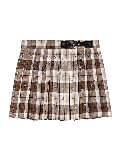 Rhinestone Checked Kilt Skirt