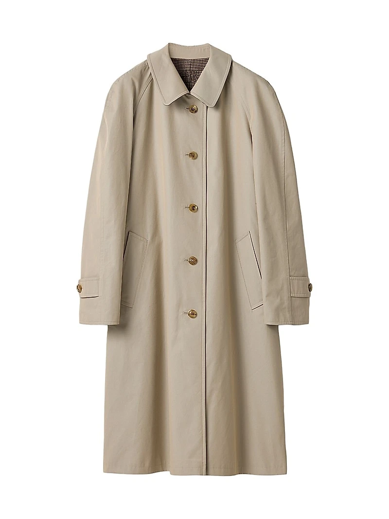 Reversible Single-Breasted Twill and Houndstooth Check Trench Coat