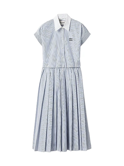 Pleated Striped Poplin Midi-dress