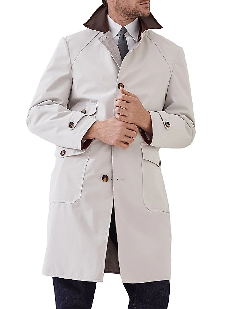 Bonded Nylon Reversible Redingote with Leather Collar