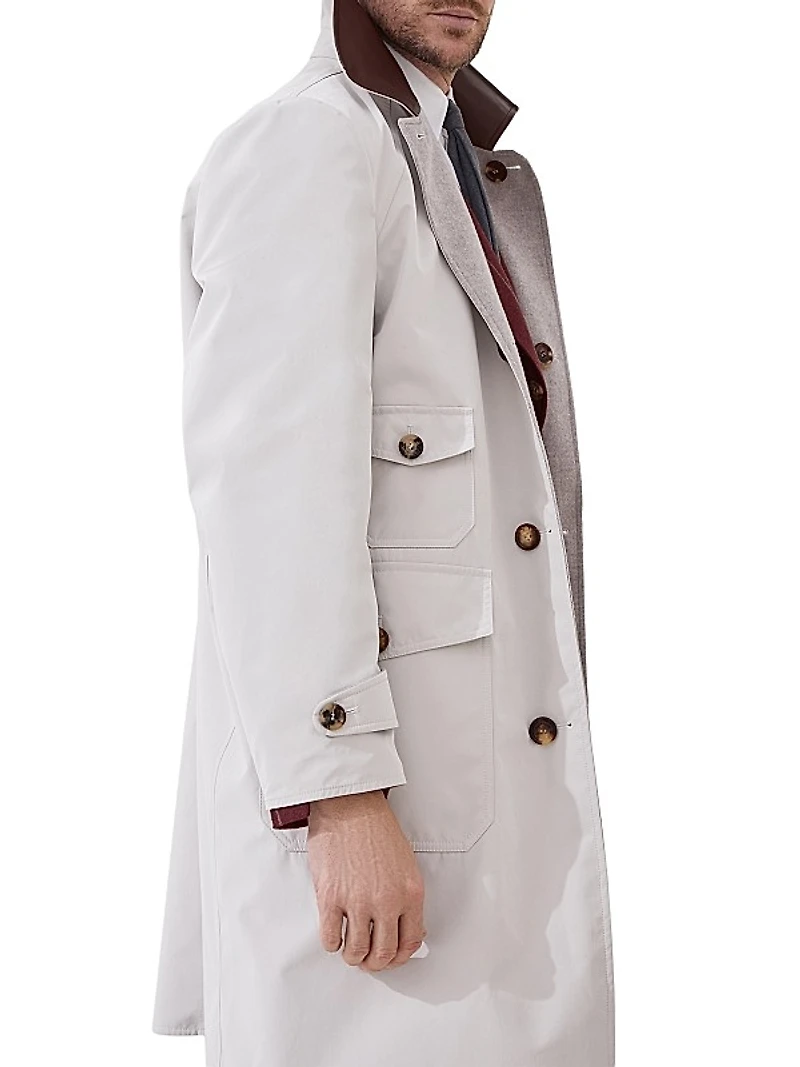 Bonded Nylon Reversible Redingote with Leather Collar