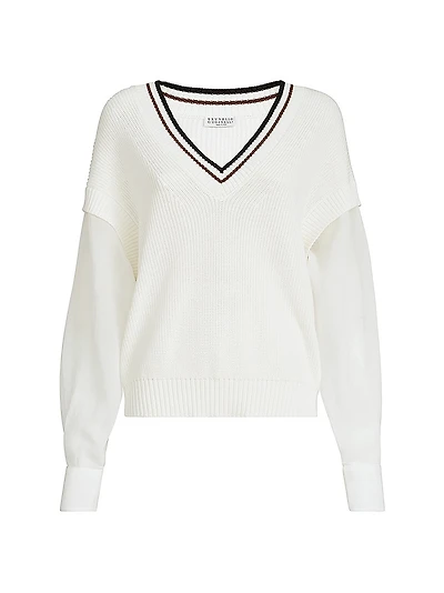 Cotton English Rib Sweater with Organza Sleeves