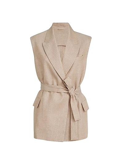 Sparkling Linen Twill Belted Vest with Monili
