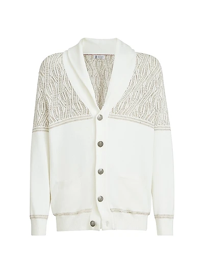 Cotton Shawl Collar Cardigan with Jacquard Cable Shoulder