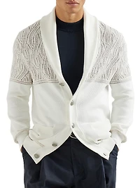 Cotton Shawl Collar Cardigan with Jacquard Cable Shoulder