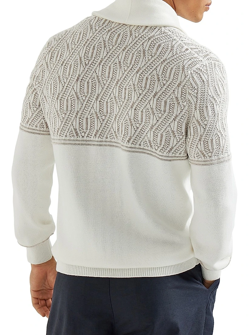 Cotton Shawl Collar Cardigan with Jacquard Cable Shoulder