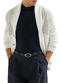 Cotton Shawl Collar Cardigan with Jacquard Cable Shoulder