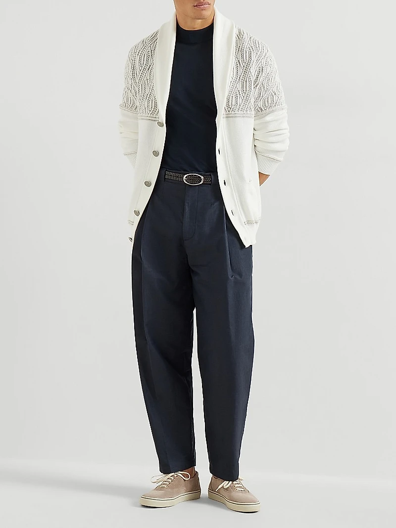 Cotton Shawl Collar Cardigan with Jacquard Cable Shoulder