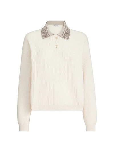 Virgin Wool Cashmere and Silk English Rib Knit Polo Shirt