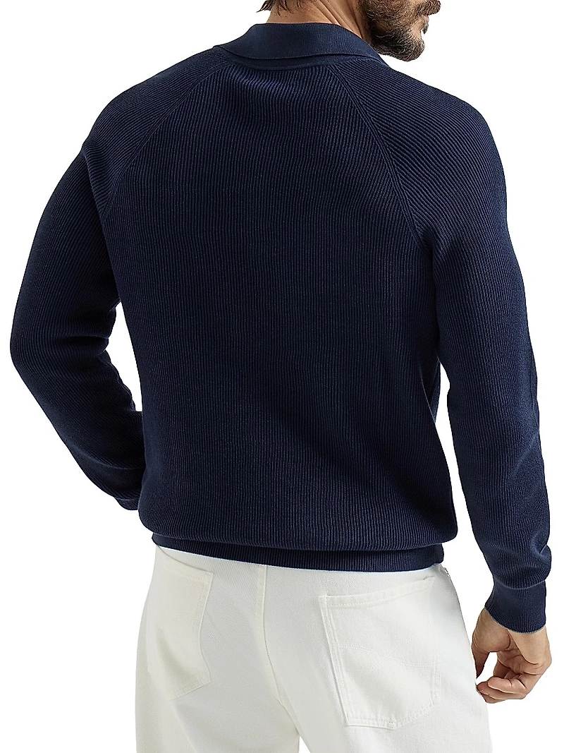 Cotton English Rib Knit Polo Shirt with Long Raglan Sleeves