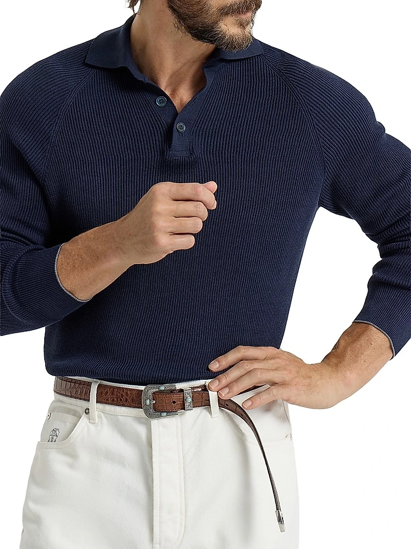 Cotton English Rib Knit Polo Shirt with Long Raglan Sleeves