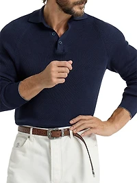 Cotton English Rib Knit Polo Shirt with Long Raglan Sleeves