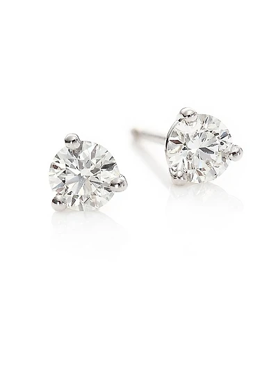 Diamond & 18K White Gold Three-Prong Stud Earrings