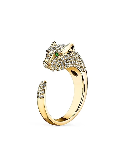 Panther 18K Yellow Gold, 1.2 TCW Diamond & Emerald Ring
