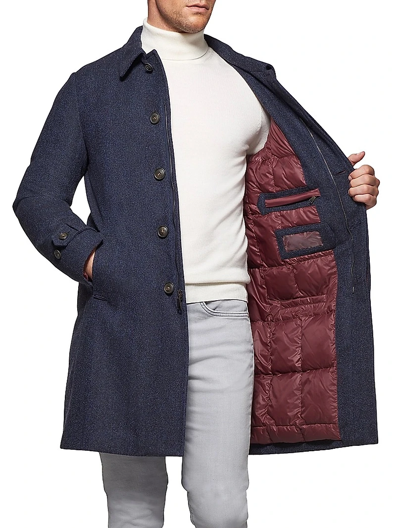 Herringbone Wool & Cashmere Down Three-Quarter Length Coat