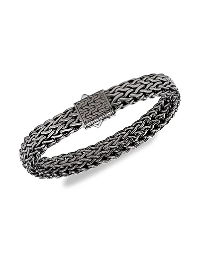 Chain Collection Black Rhodium-Plated Sterling Silver Engraved Bracelet