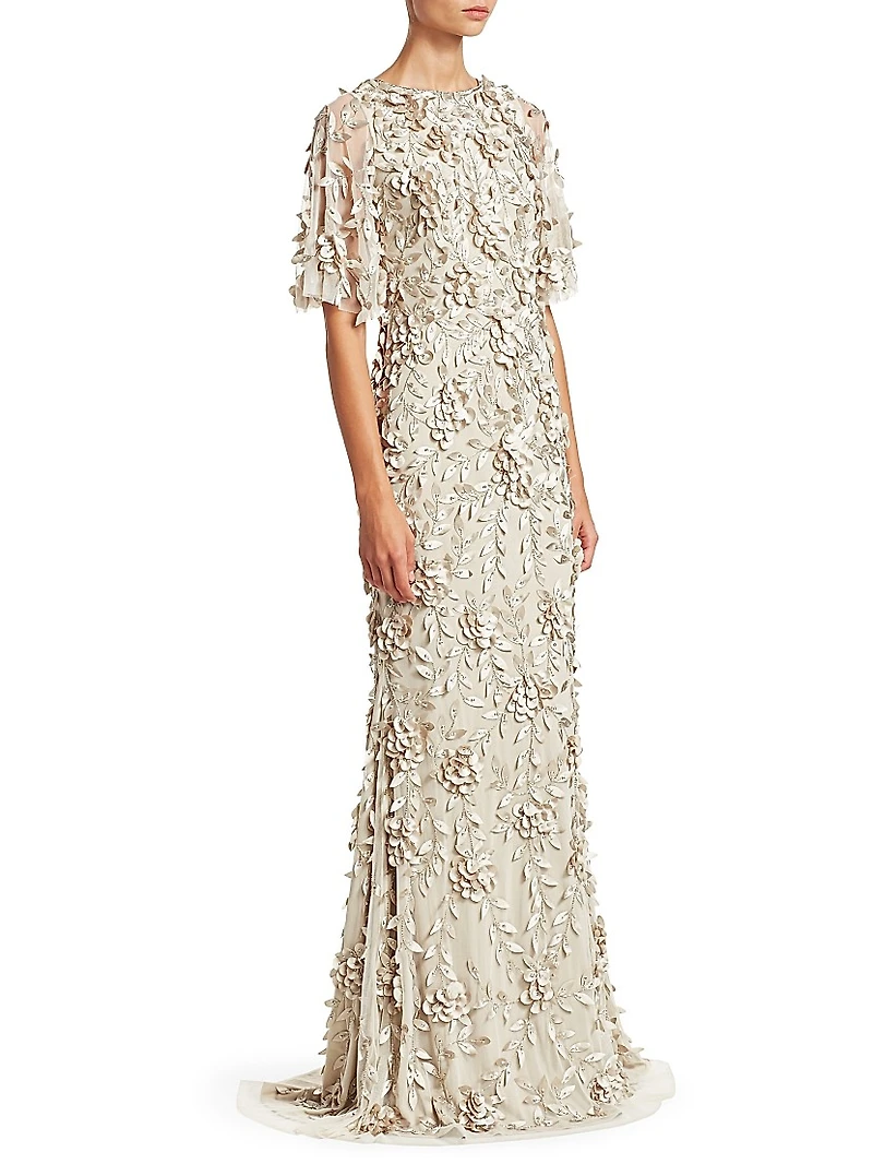 Embellished Flutter-Sleeve Tulle Gown