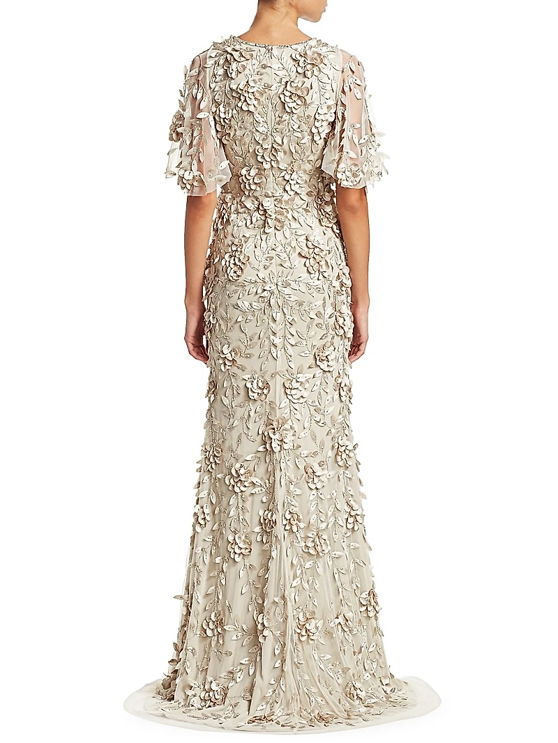 Embellished Flutter-Sleeve Tulle Gown