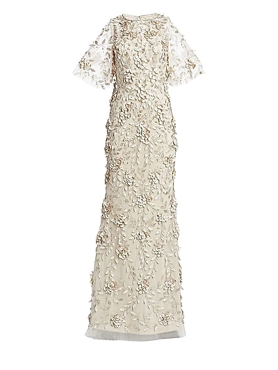 Embellished Flutter-Sleeve Tulle Gown